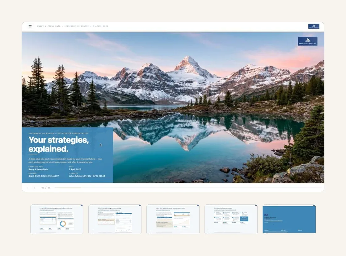 AdviceStudio: a generated advice presentation open in the editor, with a filmstrip of slides below.
